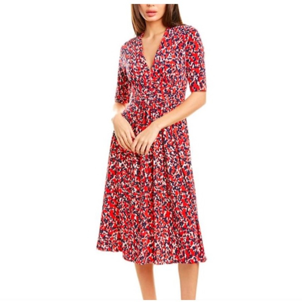 Vince Camuto red/blue 3/4 sleeve Shirred Dress